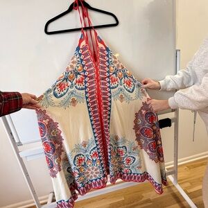 Floral Asymmetrical Halter Dress in Cream and Red